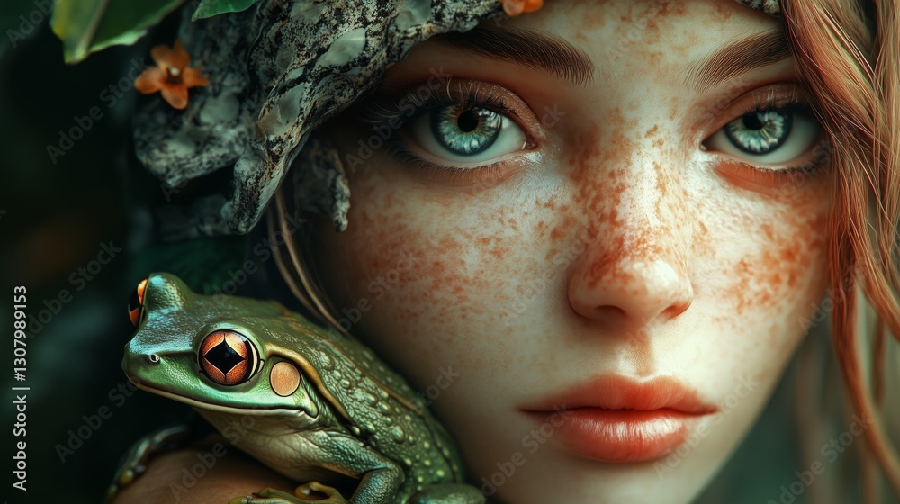 Frog and Girl Portrait with Nature Details Frog and Girl Portrait with Nature Details