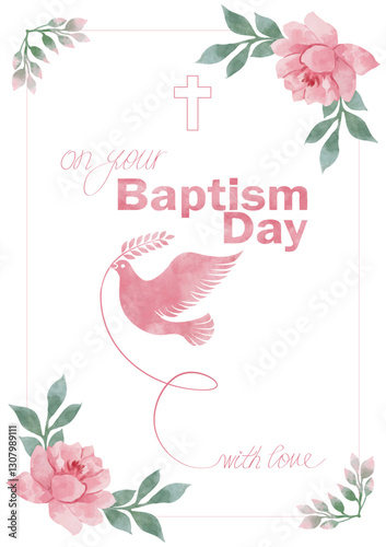 Baptism day greeting card. Poster with peaceful dove and pink blooming flowers. Design element for celebrating traditional religious festival or Christian holiday. Watercolor vector illustration