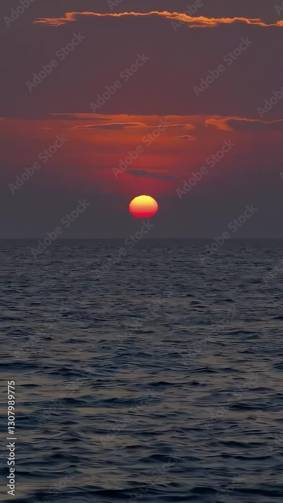 A breathtaking view of the sun setting over the ocean, casting warm orange and purple hues across the sky. Ideal for relaxation, travel, and nature themes.