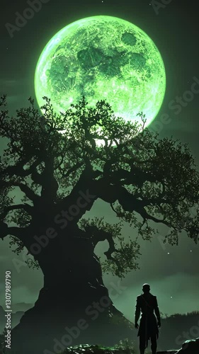 Mysterious silhouette beneath glowing green moon with ancient tree at night
