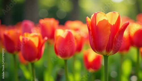Vibrant spring tulip flowers in full bloom on a sunny day, nature, blooming, spring
