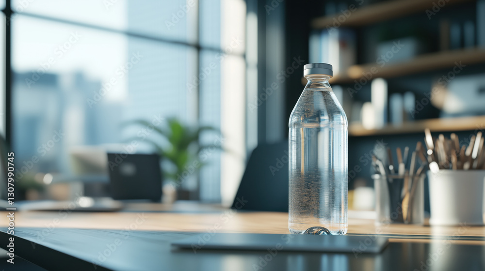Side Angle of a Small Bottle of Water on a Desk with a Softly Blurred Office Background and Significant Space on the Right for Text or Promotional Messages Side Angle of a Small Bottle of Water on a Desk with a Softly Blurred Office Background and Significant Space on the Right for Text or Promotional Messages