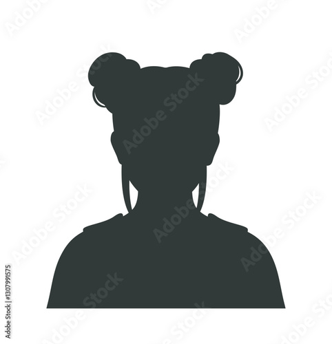 People avatar silhouette. Little girl child with cute hairstyle. Dark icon with portrait of anonymous person. Black and white sticker with female head. Flat vector illustration isolated on background