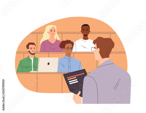 University students life. Happy male and female students sitting in classroom and listening educational lecture by professor. Learning and studying. Flat vector illustration isolated on background