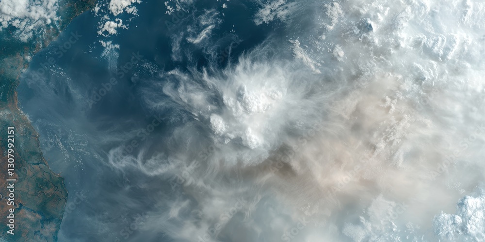 Fototapeta premium Aerial view of a cloudy atmosphere over land, showcasing swirling patterns of clouds and smoke, capturing a dynamic interplay between weather and environment.