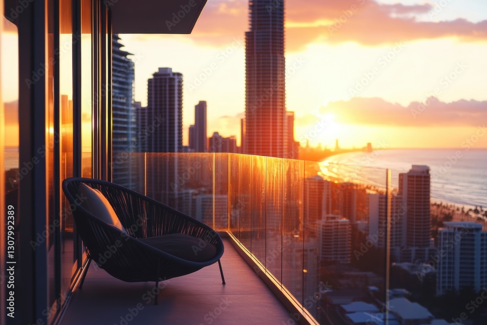 Fototapeta premium Close-up shot of a balcony railing, a modern luxury apartment overlooking the city with a view of the Gold Coast beach and skyscrapers Generative AI