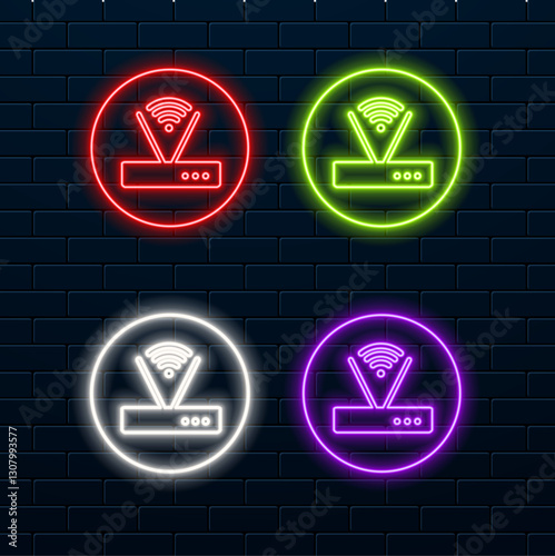 Glowing neon line router and wifi signal symbol icon isolated on black background. Wireless ethernet modem router. Internet of computer technology. Colorful Outline Concept