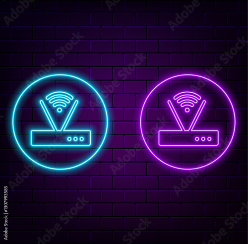 Glowing neon line Router and wi-fi signal icon isolated on brick wall background. Wireless ethernet modem router. Computer technology internet.