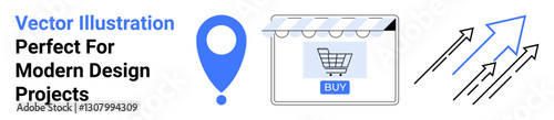 Map pin near e-commerce storefront with shopping cart icon and upward arrows symbolizing growth. Ideal for online shopping, business success, e-commerce expansion, navigation, marketing, development