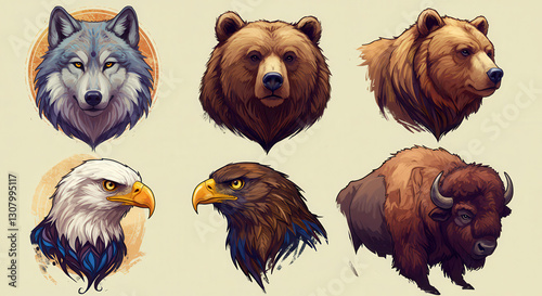 Vector Art Illustrations of Wolf, Bear, and Eagle in Stylized Modern Art Style Featuring Wild Animal Heads