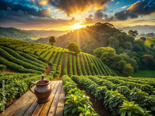 Aerial View of Coffee Plantation with Moka Pot, Sunrise, Italy photo