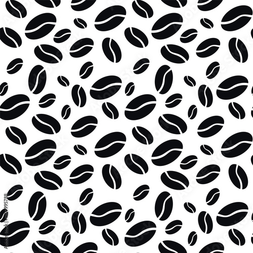 Seamless pattern of black coffee beans on a white background, wallpaper, packaging for coffeeshops and hot drink shops, Americano, cappuccino.