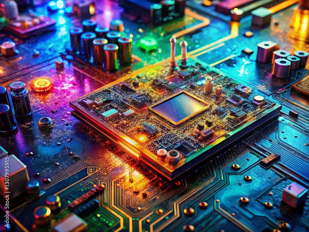 Fototapeta premium Aerial View of Complex Electronic Circuit Board with Abstract Fluid Art Overlay