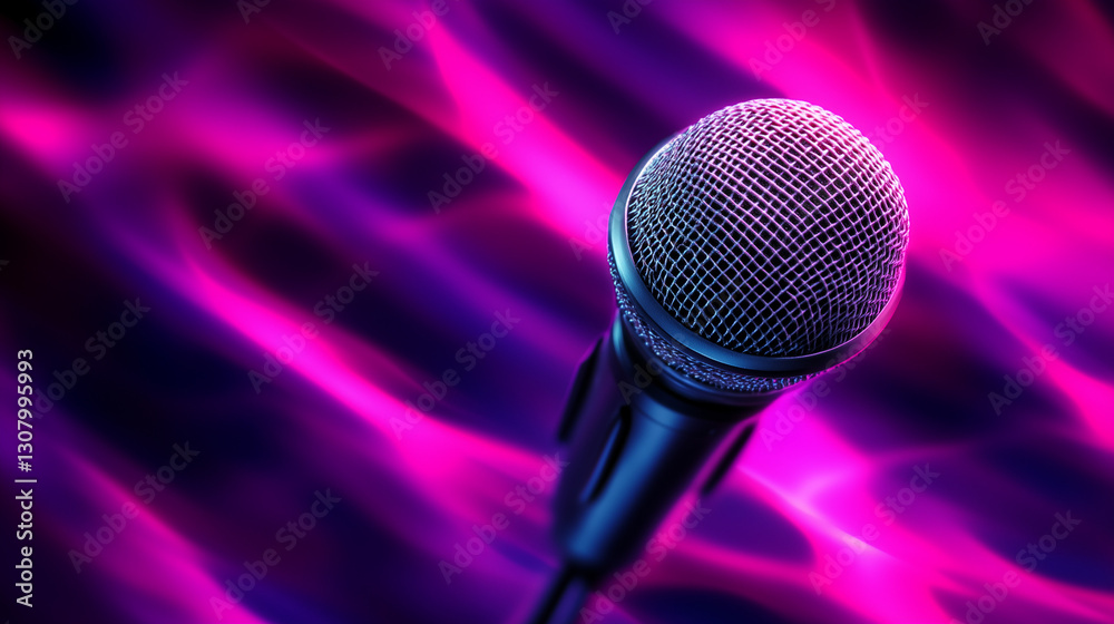 Obraz premium High-performance podcast microphone with electric pink accents radiates energetic vibrancy and state-of-the-art audio quality, perfect for dynamic recording sessions.