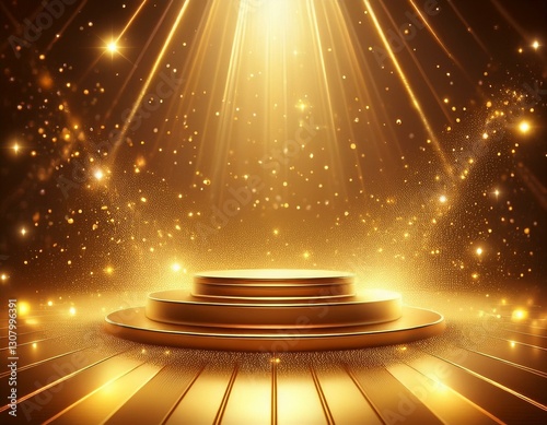 elegant award platform cascading golden particles prestigious stage podium with glowing lights and a gold background