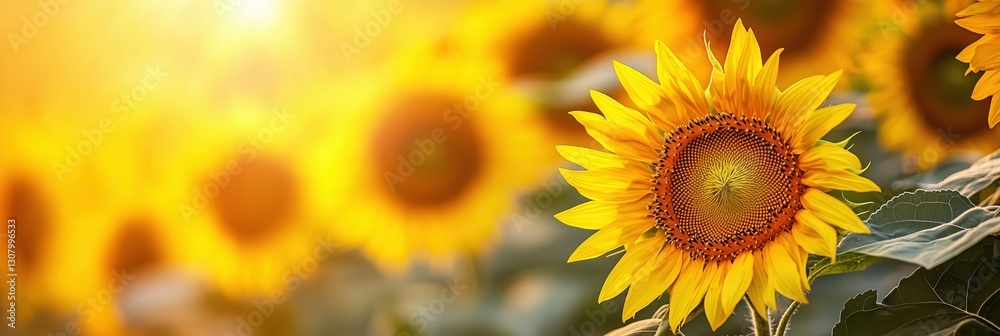 Fototapeta premium A vibrant sunflower in a field during sunset, showcasing bright yellow petals and a warm glow.