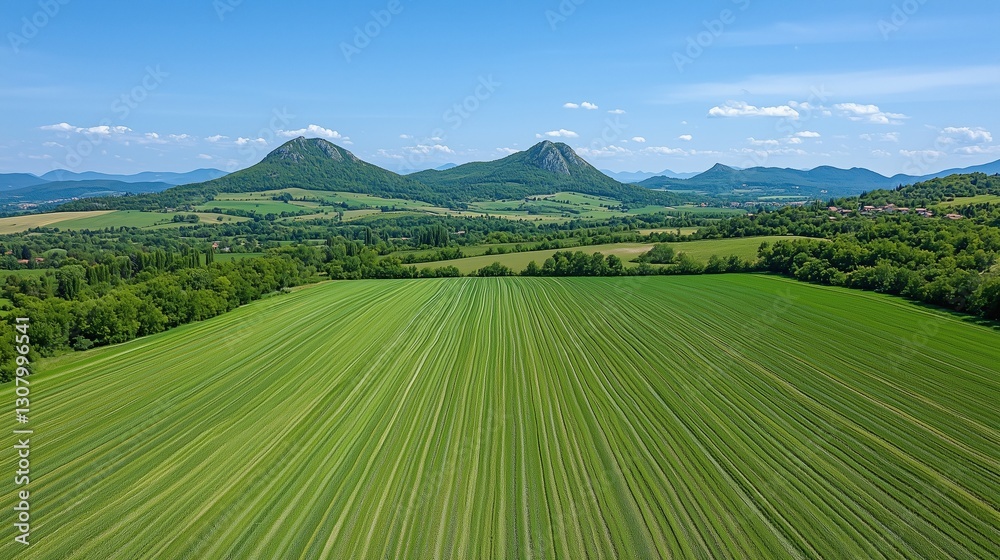 Obraz premium Aerial view of lush green fields with rolling hills and mountains under a clear blue sky.