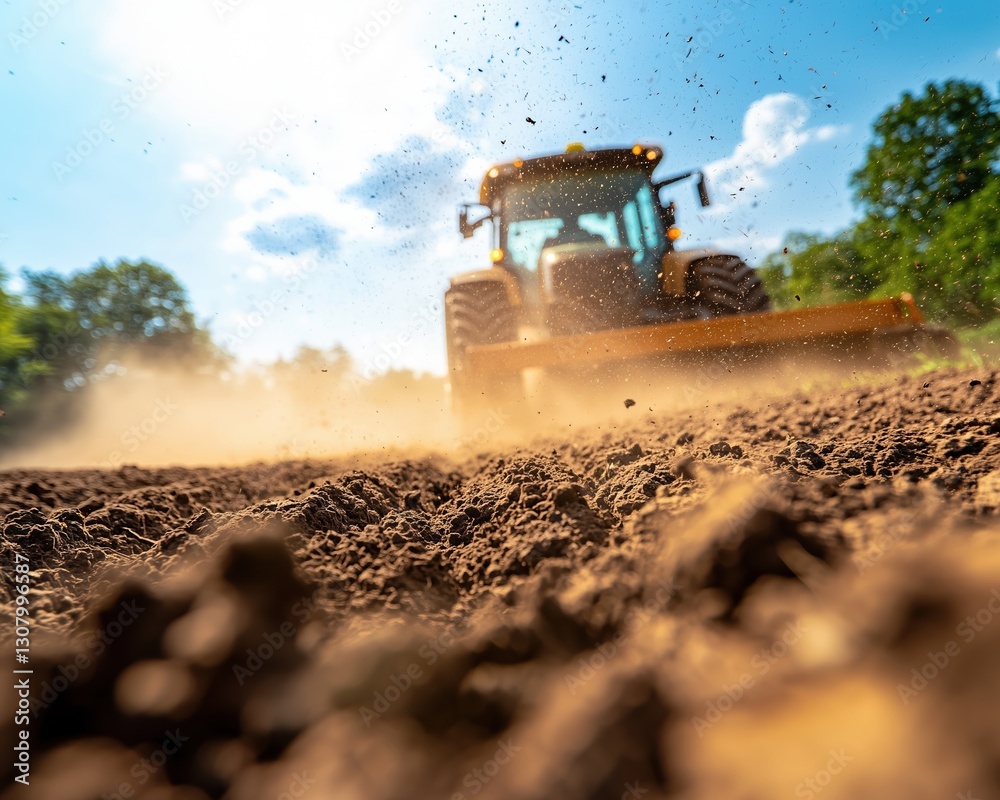 Fototapeta premium A tractor working on a field, creating dust while plowing the soil under a blue sky.