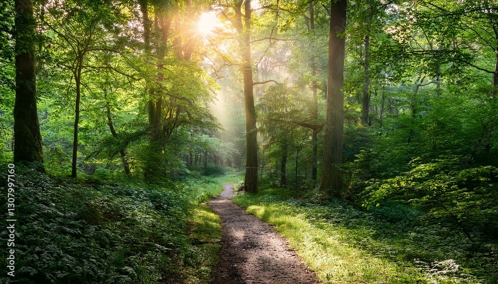 Naklejka premium a serene pathway winds through a lush green forest illuminated by sunlight creating a peaceful and inviting atmosphere