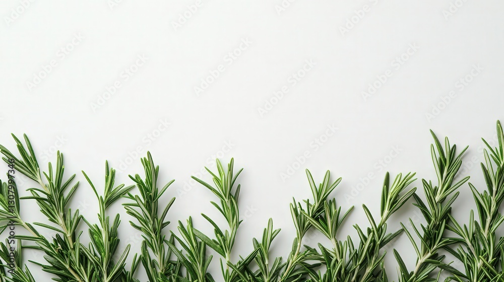 Obraz premium rosemary laid out in a neat pile, emphasizing its vibrant green color and aromatic qualities against a white surface