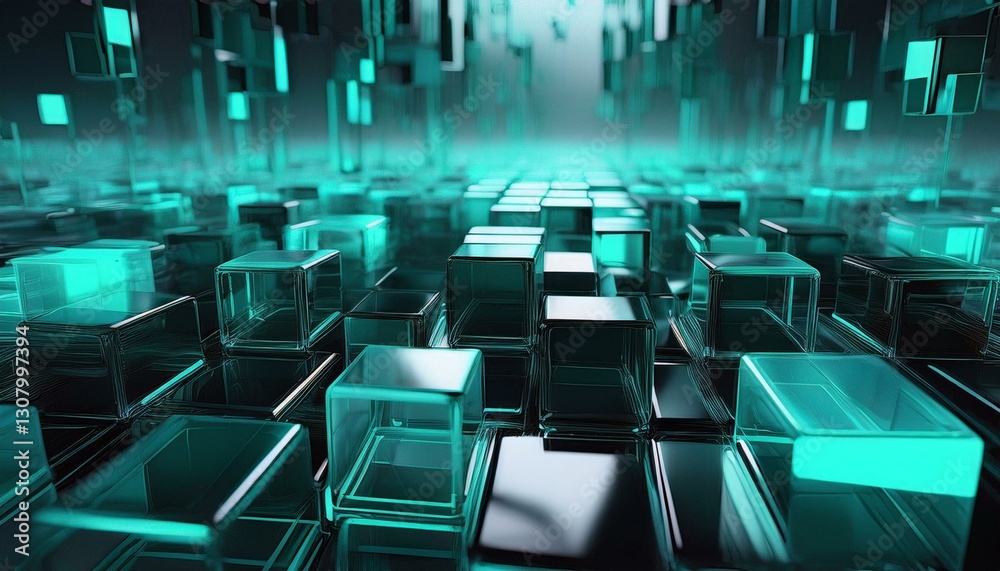 Fototapeta premium innovative tech background with neatly arranged translucent cubes turquoise and black 3d render