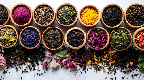 Vibrant Collection of Dried Herbal Teas and Spices in Wooden Bowls - A Colorful Flat Lay Photo