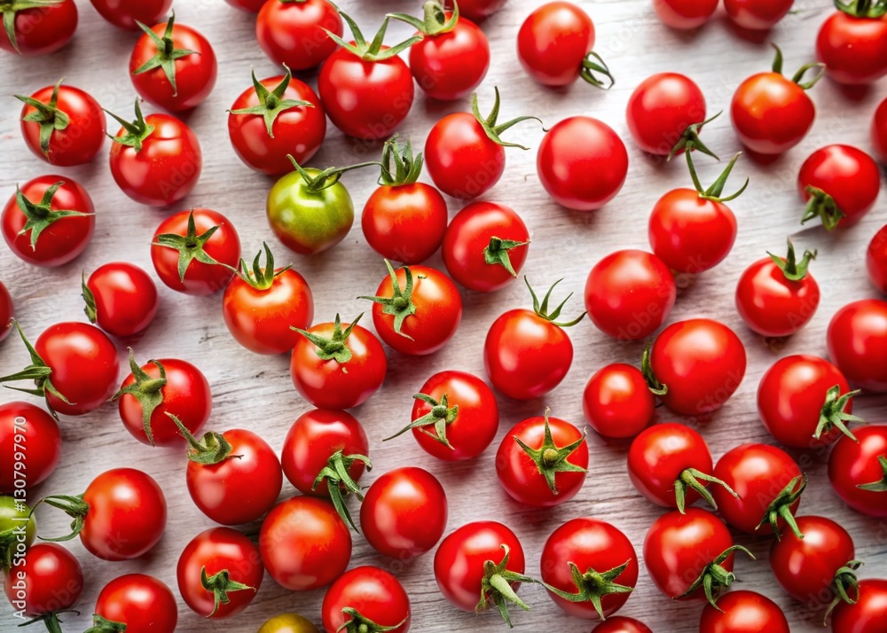 Aerial View of Fresh Cherry Tomatoes on White Background – Vibrant Red Produce Aerial View of Fresh Cherry Tomatoes on White Background – Vibrant Red Produce