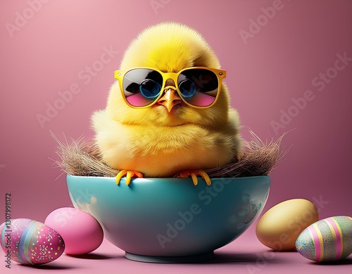 ostern urlaub grusskarte kuken mit sonnenbrille in einer schale ostereier text frohe ostern pastel pinker hintergrund