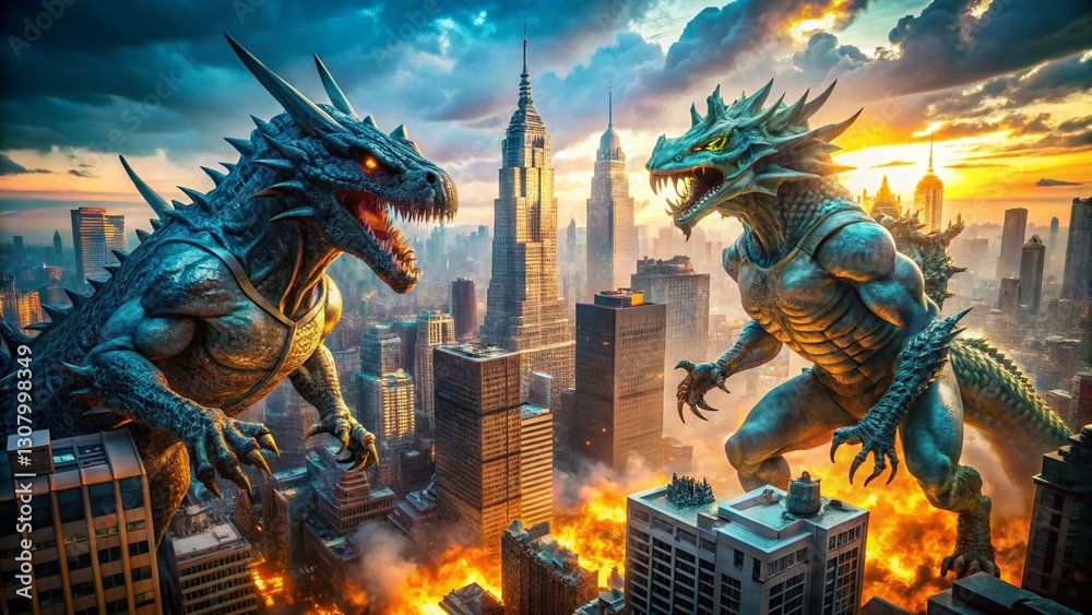 Fototapeta premium Aerial View of Giant Monsters Battling in Downtown Manhattan, NYC