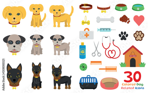 30 Colored Related Pet Icons - Illustrations of 3 different Dogs in Head, Sitting and Sideways Poses, accompanied by Related Items.