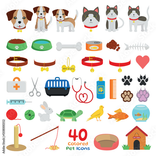 40 Colored Pet Icons - Dog, Cat, Food, Bones, Collars, Paws, Veterinary Items, Toys, Fish, Rabbit, Turtle and more.