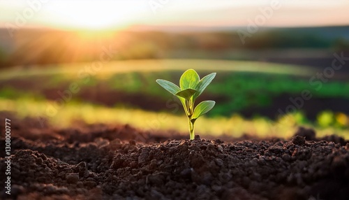a small green plant sprouts from dark soil symbolizing growth and renewal against a blurred background of fields