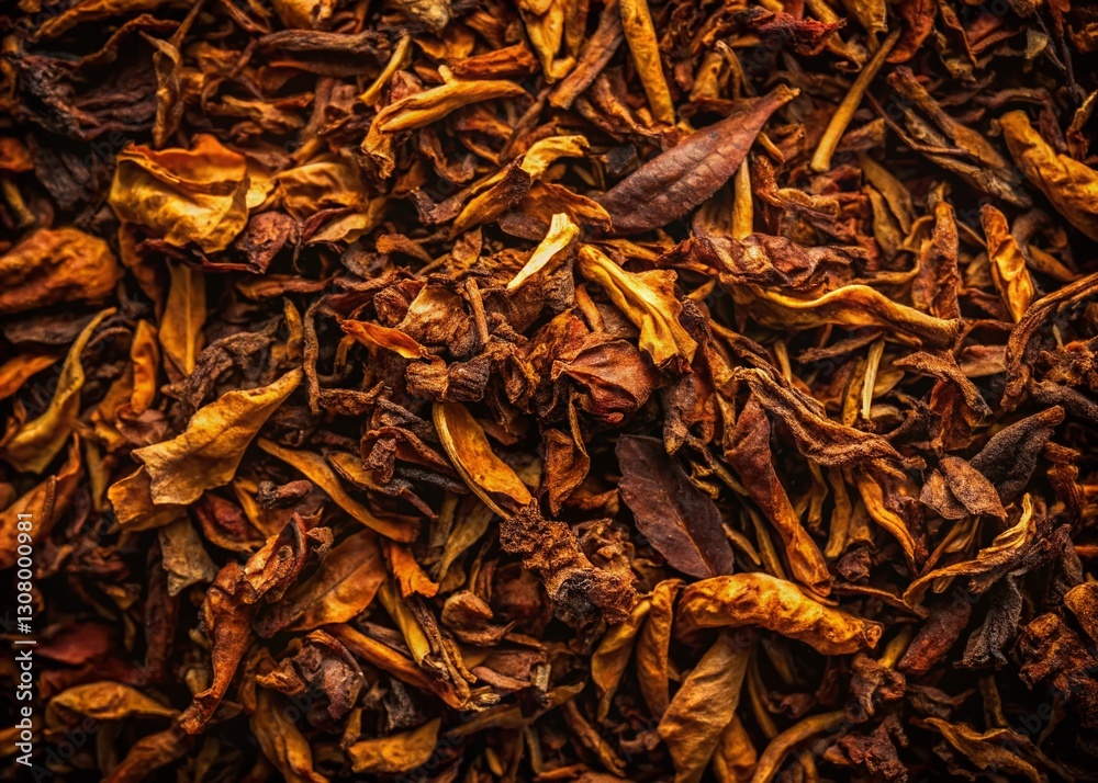 Obraz premium Aerial View of Organic Shredded Tobacco Leaves, Native American Medicine, Smoking Pipes & Cigarettes