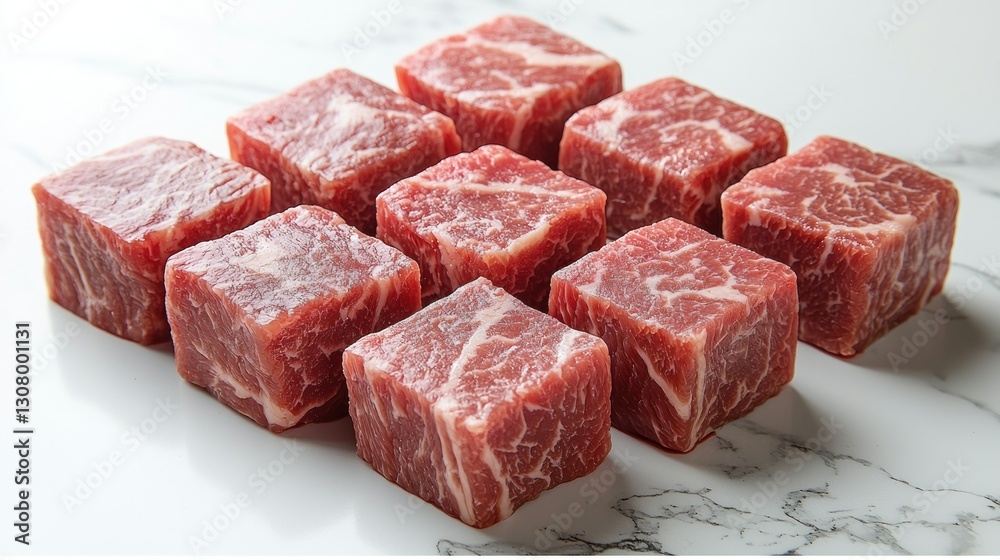 Fototapeta premium Cubes of raw beef on marble surface