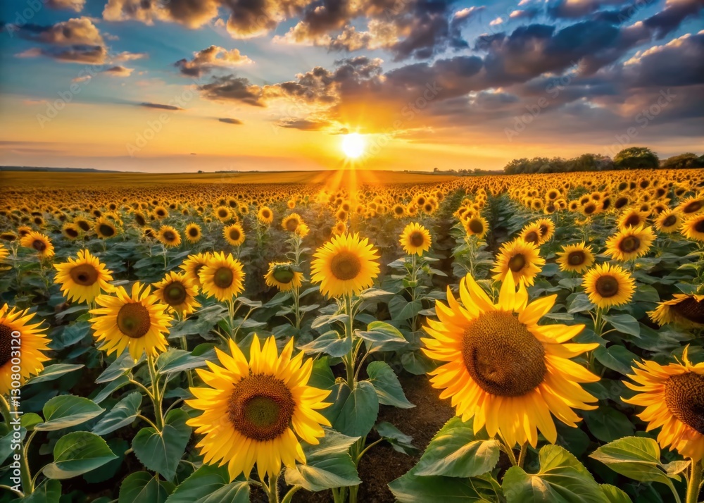 Obraz premium Aerial View of Sunflowers Field Blooming in Summer - Drone Photography