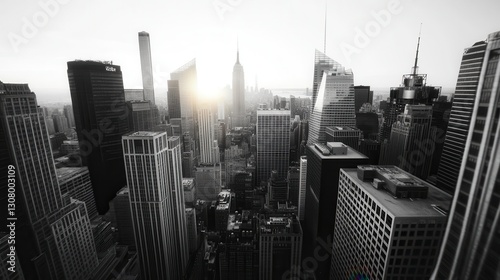 Black and white aerial view of a cityscape at sunrise, showcasing tall skyscrapers and city streets.
