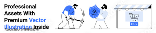 Person holding shield with lock defending against hacker with pickaxe storefront with shopping cart. Ideal for cybersecurity, e-commerce, privacy, threat prevention, security awareness, data