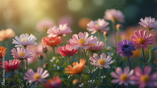 Flowers bloom in sweet, dreamy colors, leaving space.