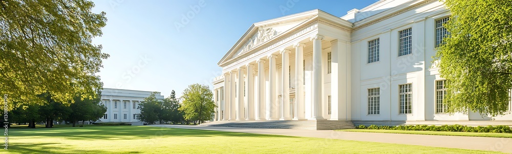 Obraz premium Elegant university building with classical architecture surrounded by green lawns and trees under a clear blue sky.