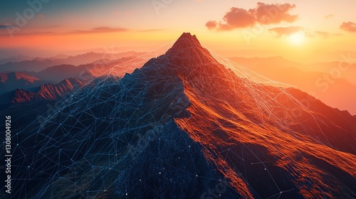 Majestic mountain peak at sunset, digital network overlay