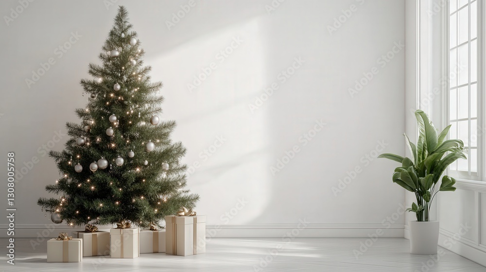 Christmas tree with sparkling decorations and a Christmas box plant set against Christmas tree with sparkling decorations and a Christmas box plant set against