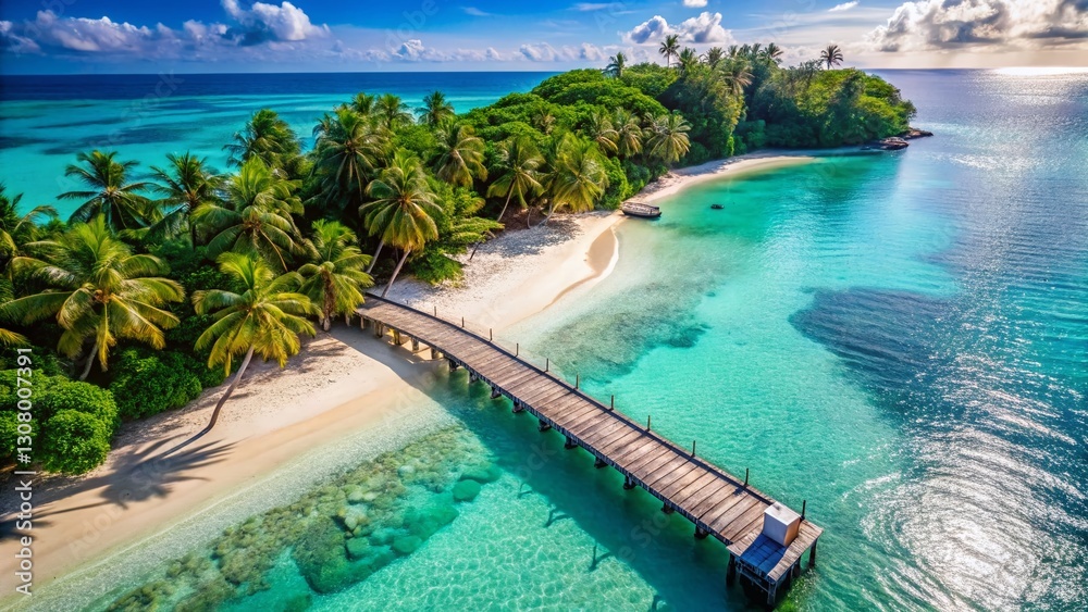 Obraz premium Aerial View Tropical Beach Pier Sandy Shore Summer Vacation Paradise