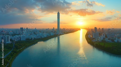 Sunset cityscape over river with tall building