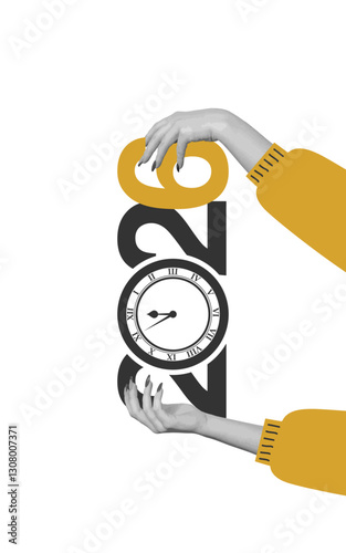 Creative representation of the new year 2026 featuring a clock and hands, showcasing anticipation and celebration of future moments