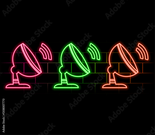 Outline neon satellite dish icon. Neon satellite dish antenna icon. Satellite television and internet connection, receiver and transmitter on black background..pink
