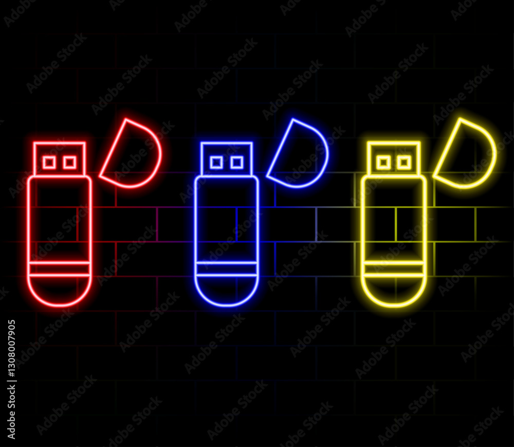 USB flash drive sign. Cyan neon icon in the dark. Bluring. Luminescence. Illustration. USB flash drive sign. Cyan neon icon in the dark. Bluring. Luminescence. Illustration.