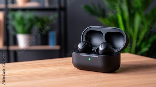 Black wireless earbuds in charging case on wooden table. photo