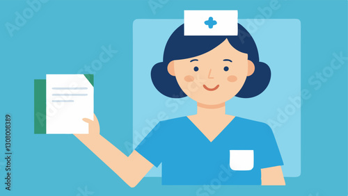 Nurse Sharing Resources A nurse on a video call holding up a pamphlet or digital resource smiling and providing information to a patient with inquisitive expressions on the screen.