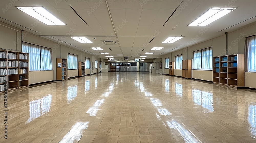 Empty school hall, polished floor, bookshelves, windows, wide hallway Empty school hall, polished floor, bookshelves, windows, wide hallway