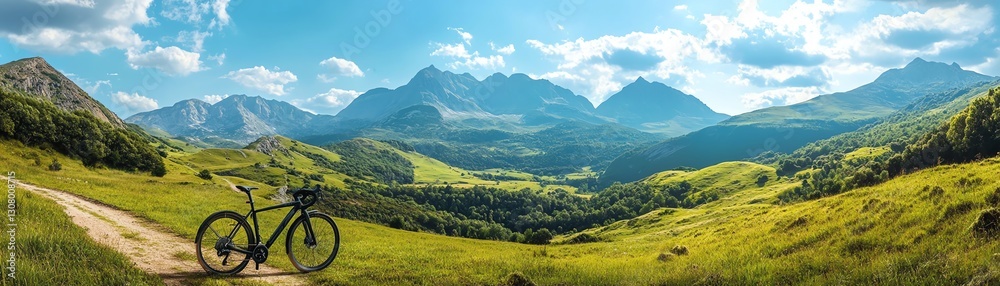 Fototapeta premium Scenic view from a black bicycle traveling through a green valley